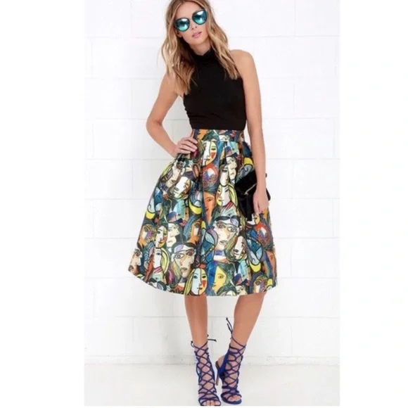 BANJUL Pretty as Picasso Faces Pleated Skirt Art‎ Lover Museum Medium - Picture 2 of 12